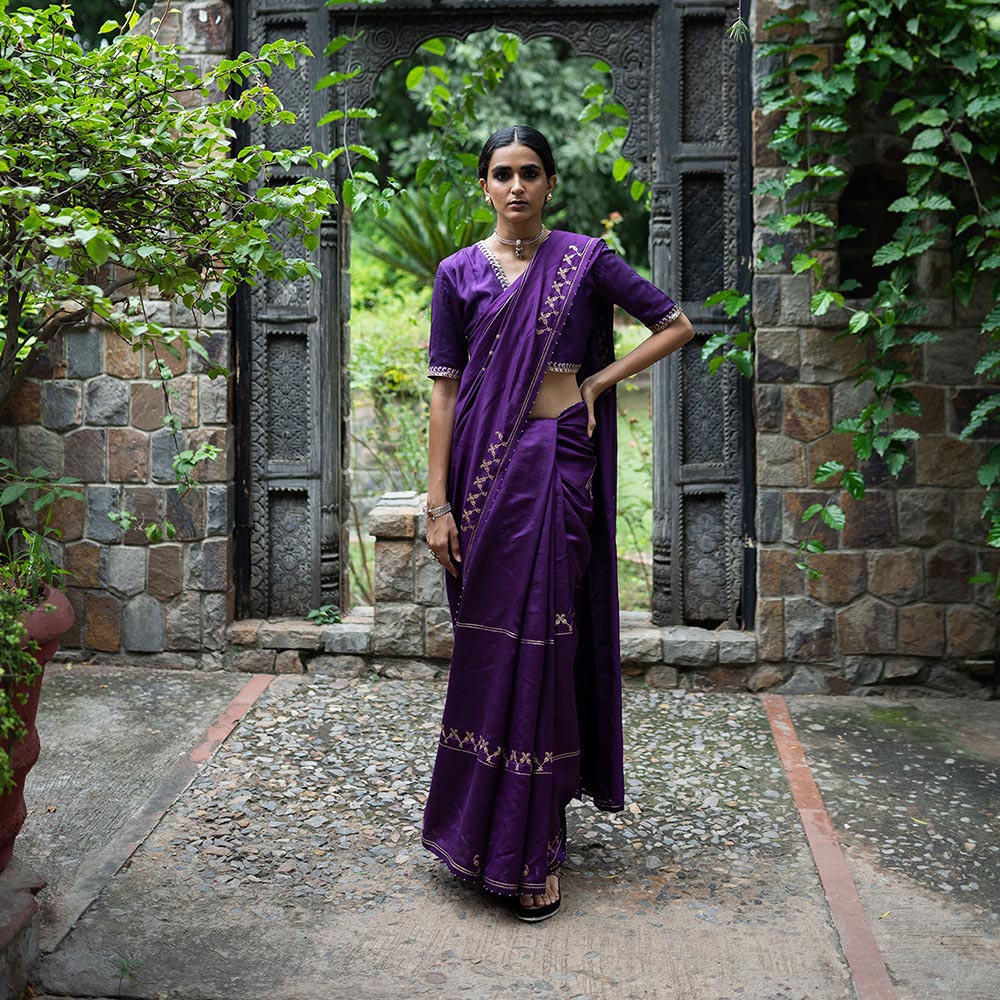 DEEPTHEE Purple Hand Interval Embroidered Saree with Stitched Blouse