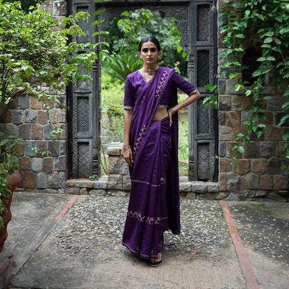 DEEPTHEE Purple Hand Interval Embroidered Saree with Stitched Blouse