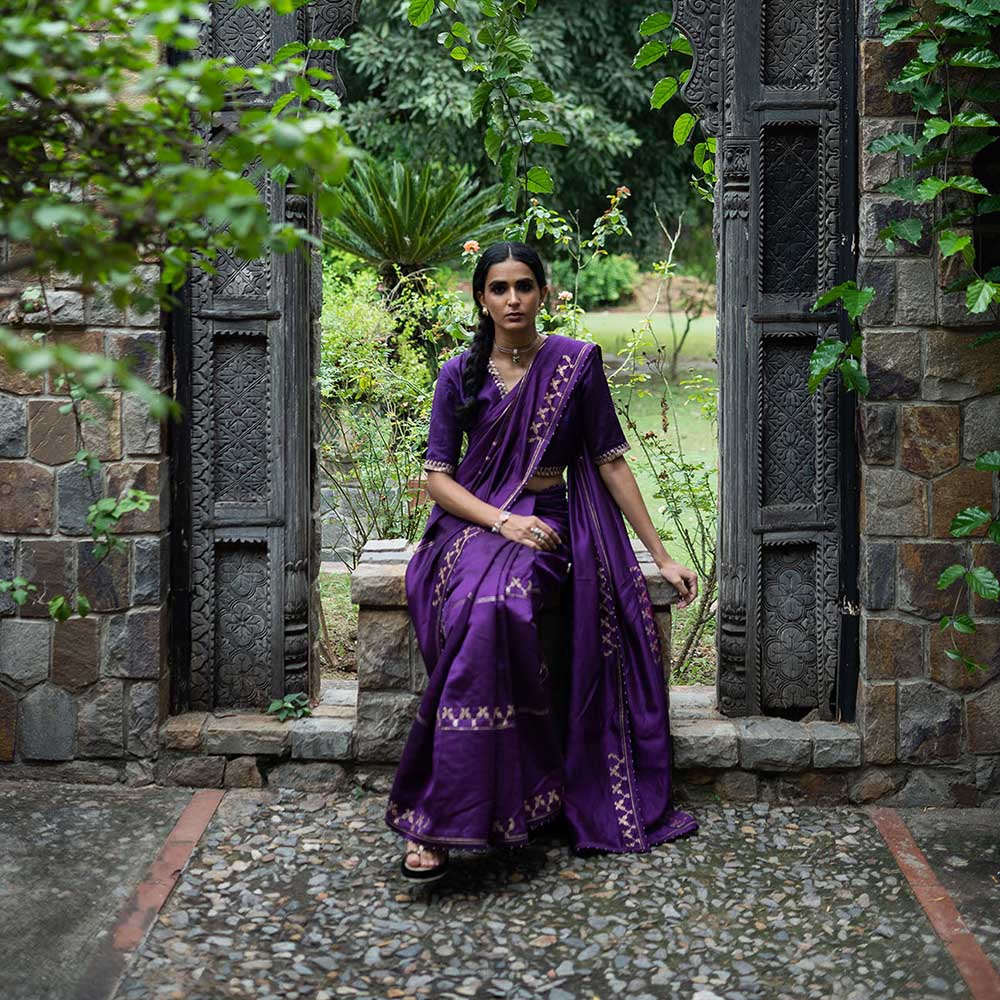 DEEPTHEE Purple Hand Interval Embroidered Saree with Stitched Blouse