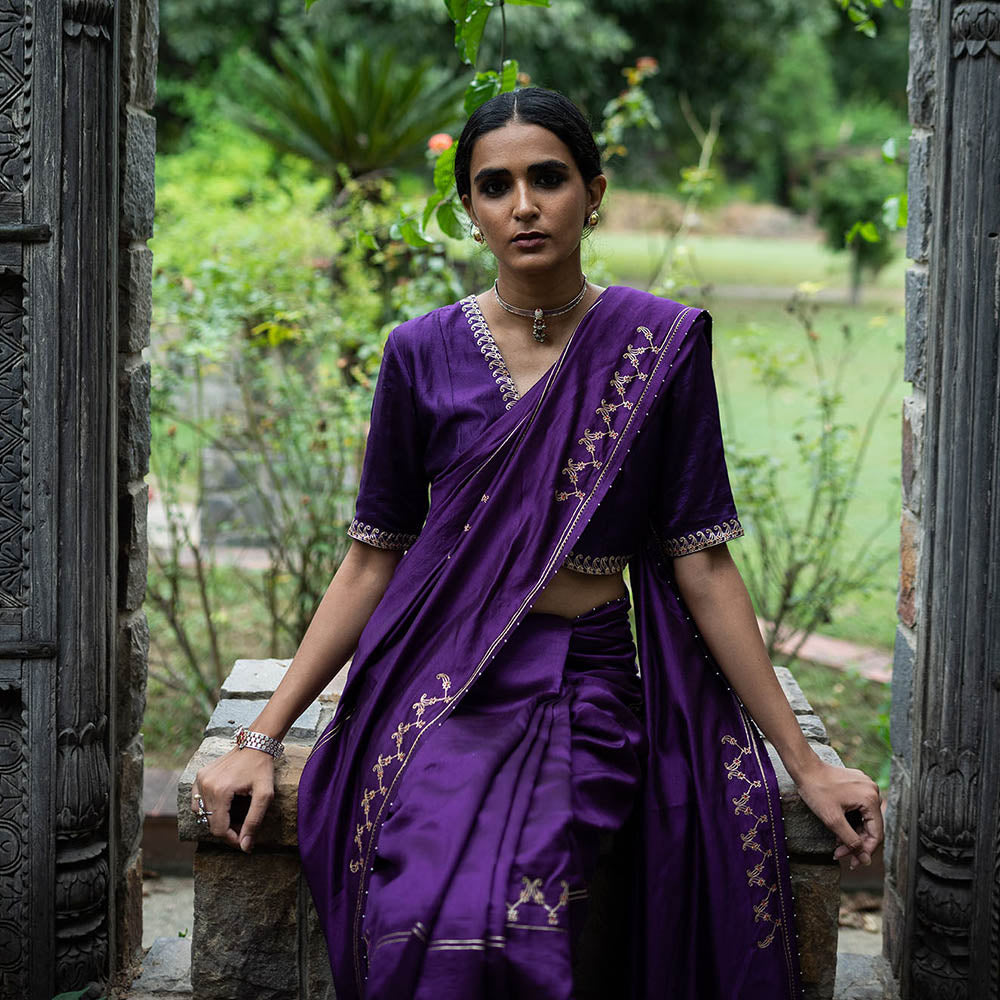 DEEPTHEE Purple Hand Interval Embroidered Saree with Stitched Blouse