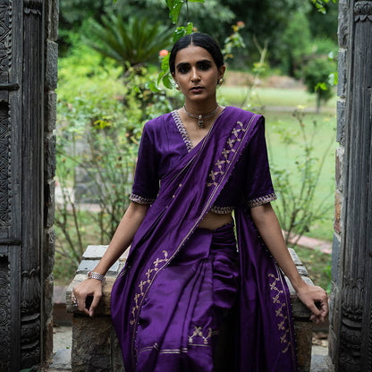 DEEPTHEE Purple Hand Interval Embroidered Saree with Stitched Blouse