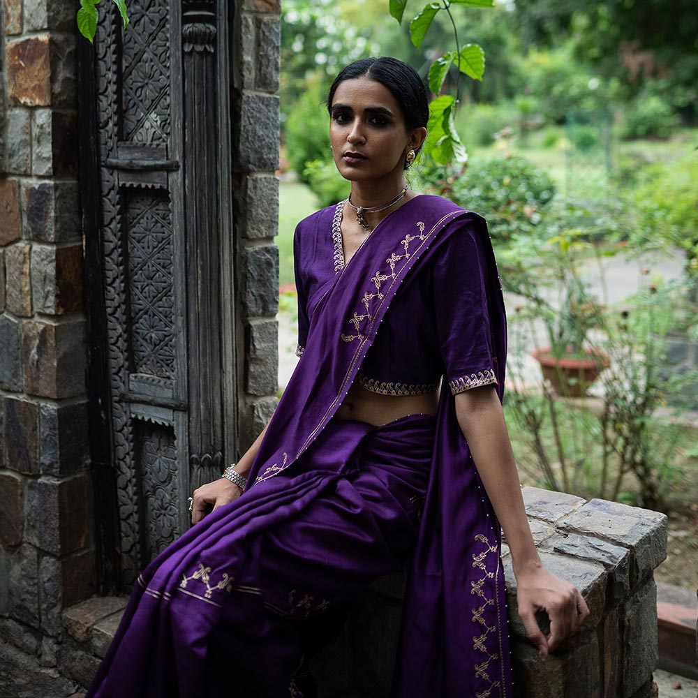 DEEPTHEE Purple Hand Interval Embroidered Saree with Stitched Blouse