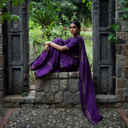 DEEPTHEE Purple Hand Interval Embroidered Saree with Stitched Blouse