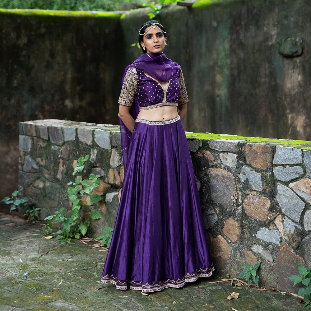 DEEPTHEE Purple Hand Embroidered Kalli Lehenga Set (Set of 3)