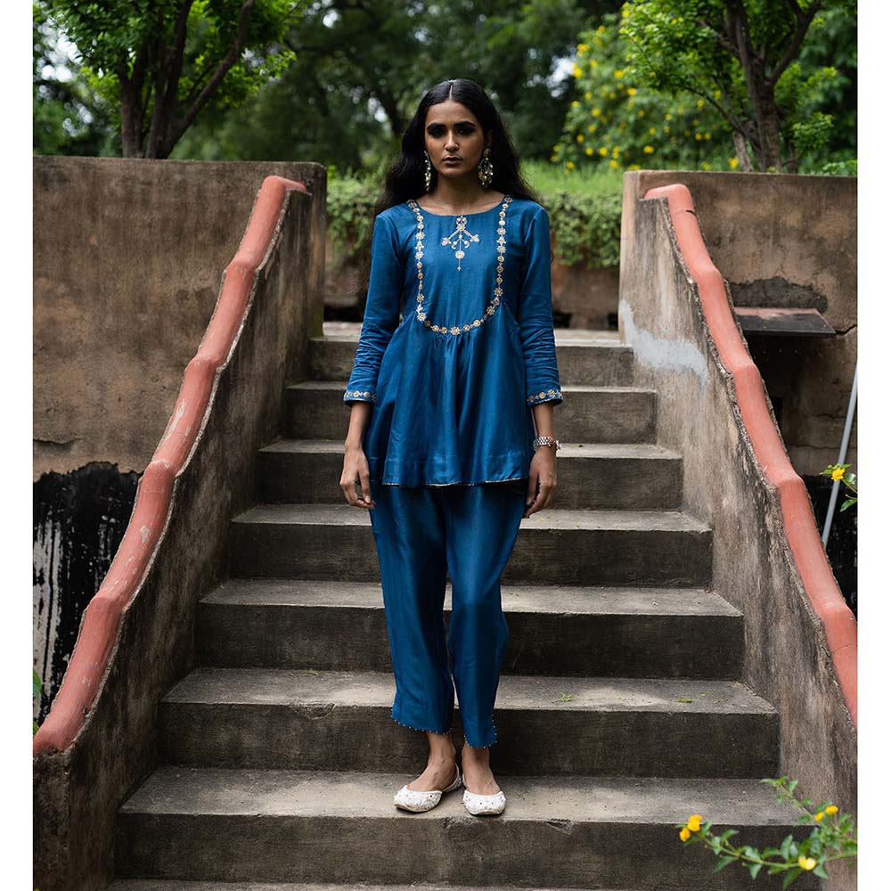 DEEPTHEE Cobalt Blue Peplum Kurti with Straight Pant (Set of 2)