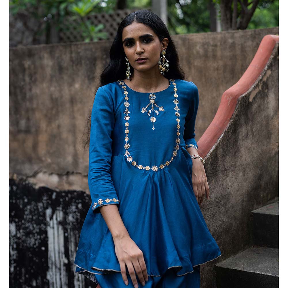 DEEPTHEE Cobalt Blue Peplum Kurti with Straight Pant (Set of 2)