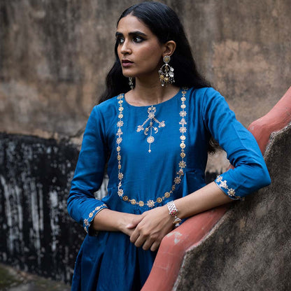 DEEPTHEE Cobalt Blue Peplum Kurti with Straight Pant (Set of 2)