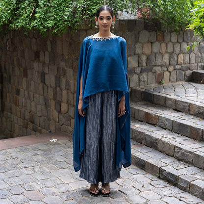 DEEPTHEE Cobalt Blue Hand Embroidered Kaftan with Metallic Pant (Set of 2)