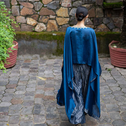 DEEPTHEE Cobalt Blue Hand Embroidered Kaftan with Metallic Pant (Set of 2)