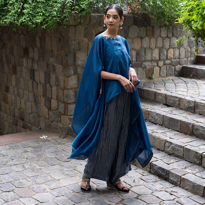 DEEPTHEE Cobalt Blue Hand Embroidered Kaftan with Metallic Pant (Set of 2)