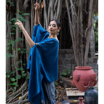 DEEPTHEE Cobalt Blue Hand Embroidered Kaftan with Metallic Pant (Set of 2)