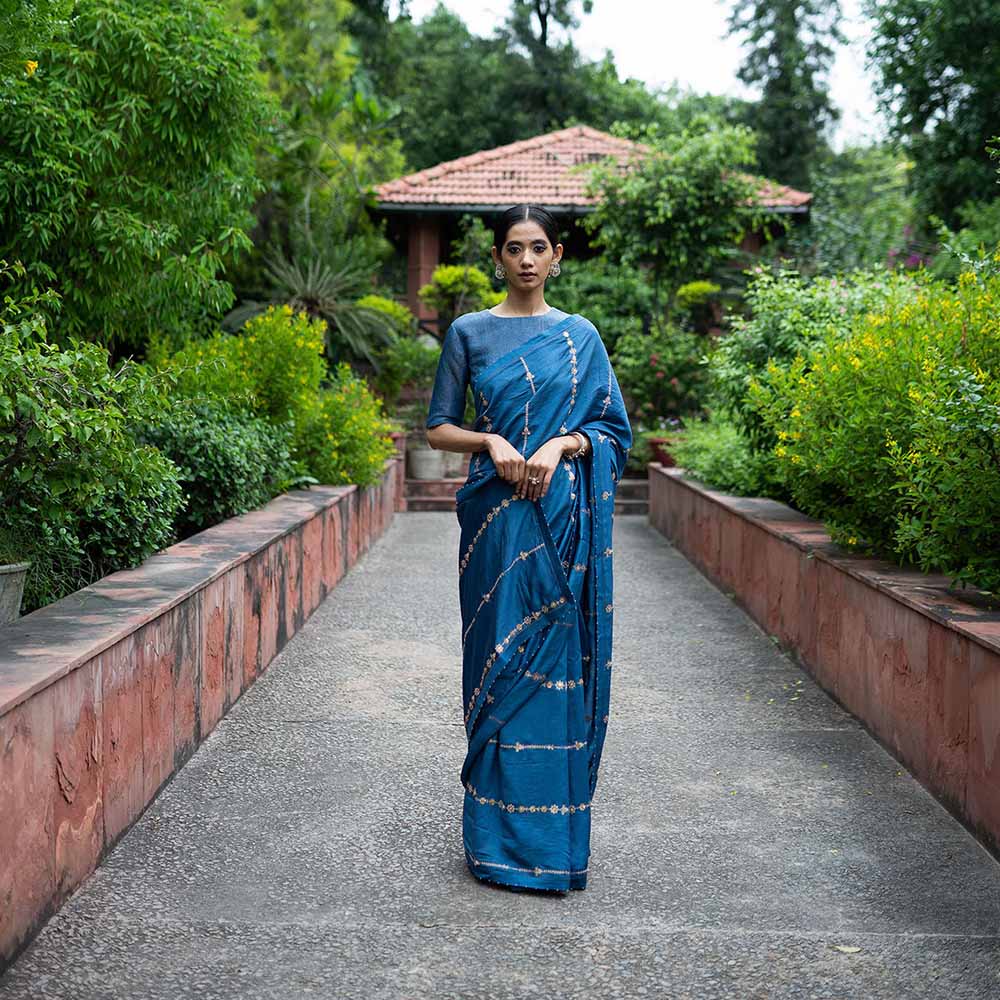 DEEPTHEE Cobalt Blue Hand Embellished Saree with Stitched Blouse