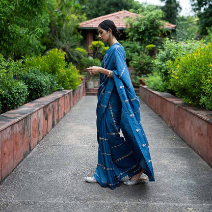 DEEPTHEE Cobalt Blue Hand Embellished Saree with Stitched Blouse