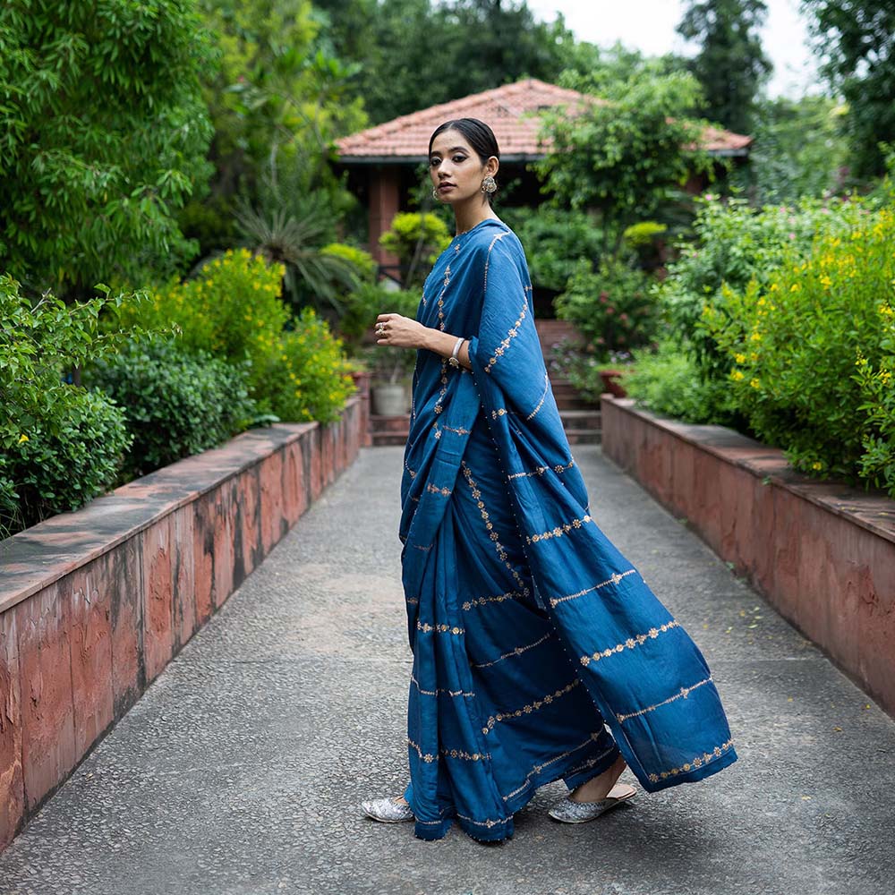 DEEPTHEE Cobalt Blue Hand Embellished Saree with Stitched Blouse