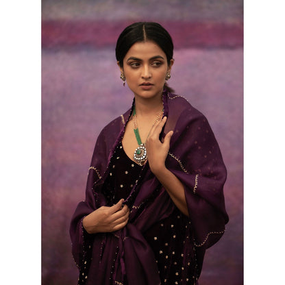 DEEPTHEE Burgundy Hand Embroidered Short Kurta with Sharara & Dupatta (Set of 3)