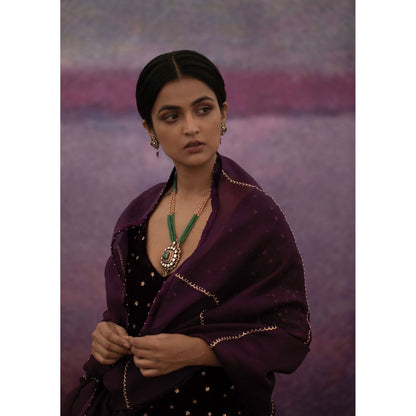 DEEPTHEE Burgundy Hand Embroidered Short Kurta with Sharara & Dupatta (Set of 3)