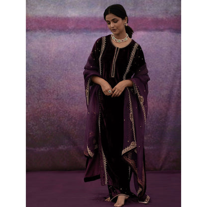 DEEPTHEE Burgundy Moti Scallop Embellished Kurta with Pant & Dupatta (Set of 3)