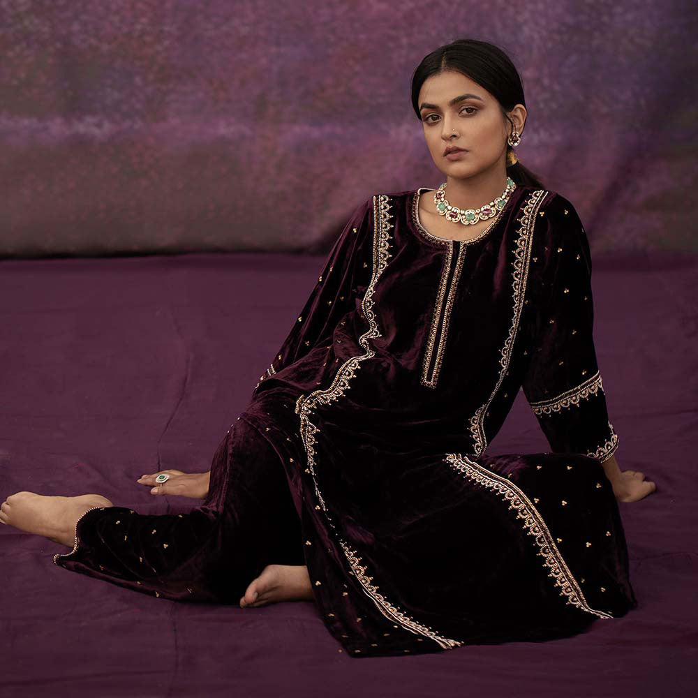 DEEPTHEE Burgundy Moti Scallop Embellished Kurta with Pant & Dupatta (Set of 3)