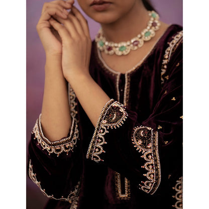 DEEPTHEE Burgundy Moti Scallop Embellished Kurta with Pant & Dupatta (Set of 3)