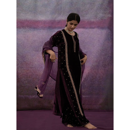 DEEPTHEE Burgundy Moti Scallop Embellished Kurta with Pant & Dupatta (Set of 3)