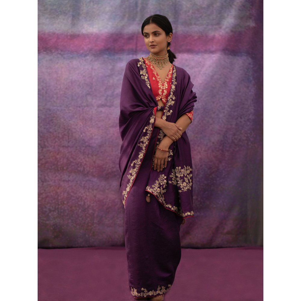 DEEPTHEE Purple Jaal Hand Embroidered Saree with Red Blouse