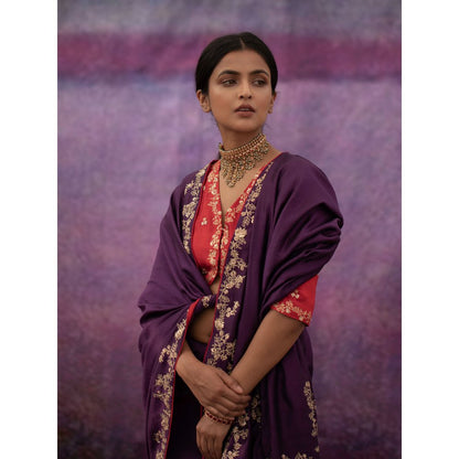 DEEPTHEE Purple Jaal Hand Embroidered Saree with Red Blouse