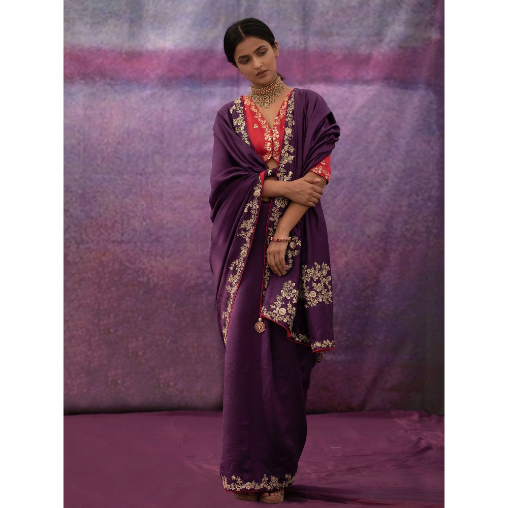 DEEPTHEE Purple Jaal Hand Embroidered Saree with Red Blouse