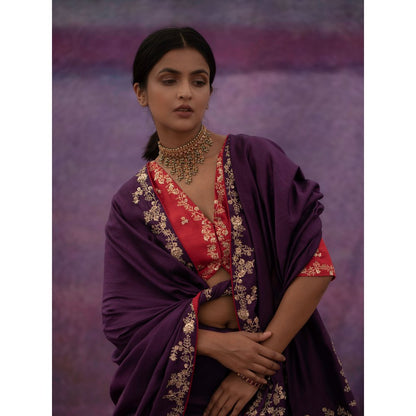 DEEPTHEE Purple Jaal Hand Embroidered Saree with Red Blouse