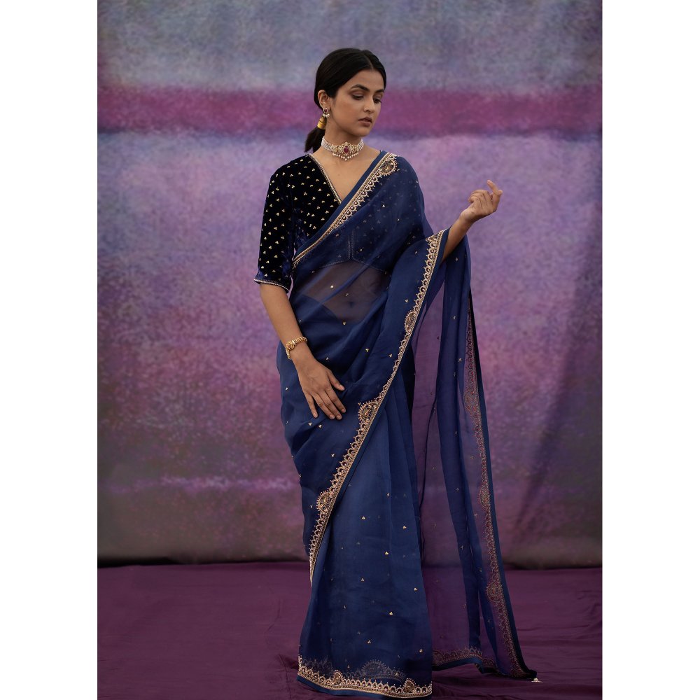 DEEPTHEE Navy Blue Embellished Organza Saree with Stitched Blouse