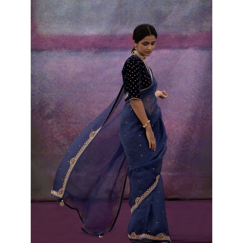 DEEPTHEE Navy Blue Embellished Organza Saree with Stitched Blouse
