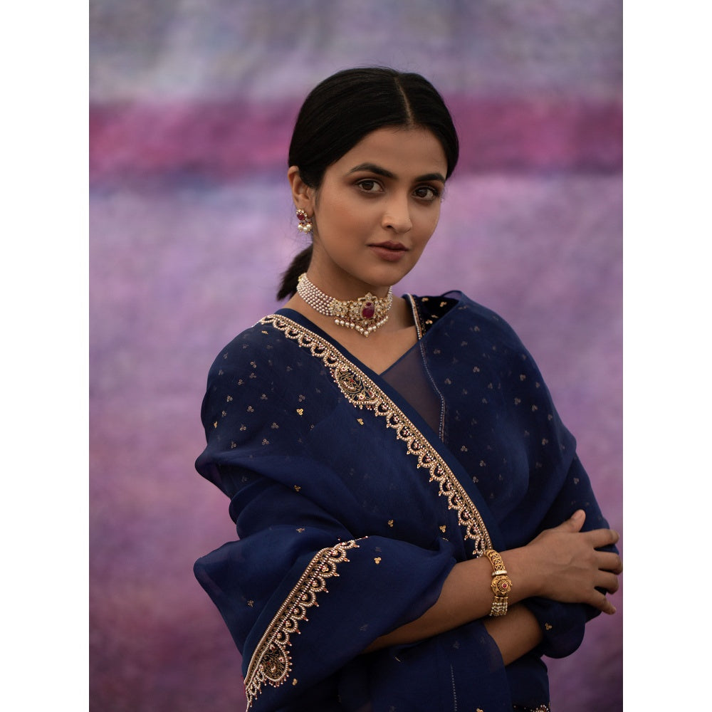 DEEPTHEE Navy Blue Embellished Organza Saree with Stitched Blouse