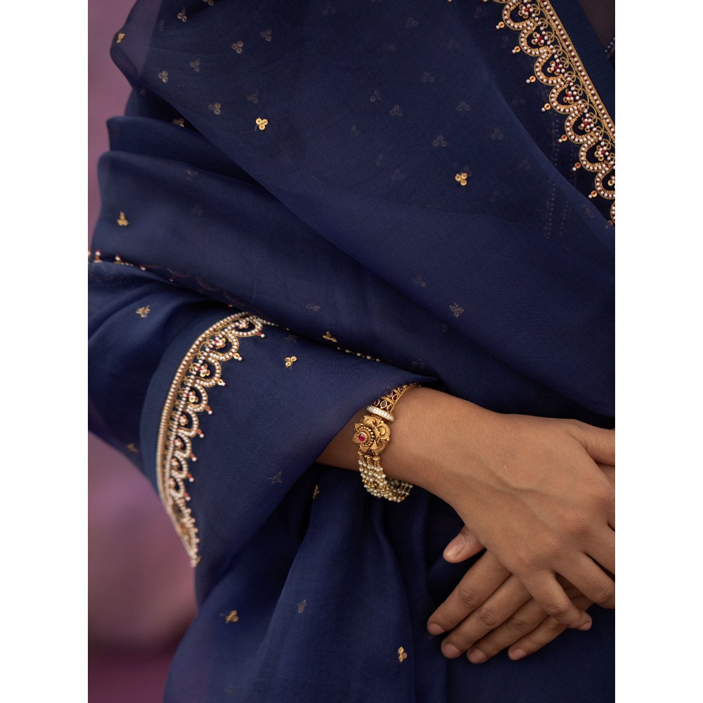 DEEPTHEE Navy Blue Embellished Organza Saree with Stitched Blouse