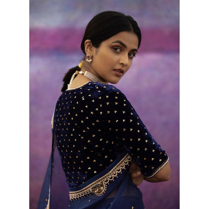DEEPTHEE Navy Blue Embellished Organza Saree with Stitched Blouse