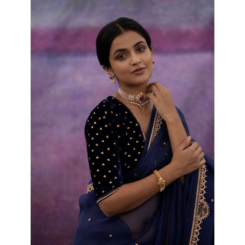 DEEPTHEE Navy Blue Embellished Organza Saree with Stitched Blouse
