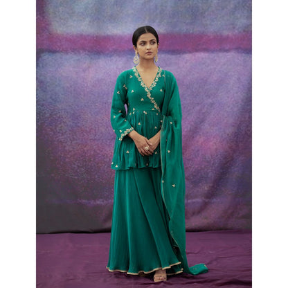 DEEPTHEE Green Jaal And Phool Hand Embellished Short Kurta with Sharara & Dupatta (Set of 3)