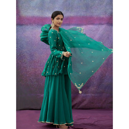 DEEPTHEE Green Jaal And Phool Hand Embellished Short Kurta with Sharara & Dupatta (Set of 3)