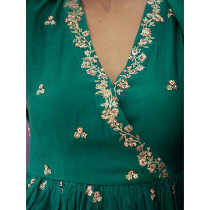 DEEPTHEE Green Jaal And Phool Hand Embellished Short Kurta with Sharara & Dupatta (Set of 3)