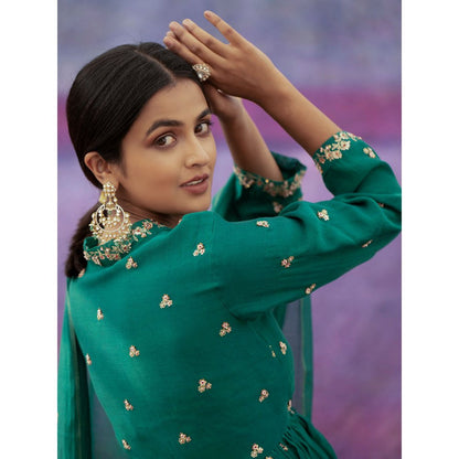 DEEPTHEE Green Jaal And Phool Hand Embellished Short Kurta with Sharara & Dupatta (Set of 3)