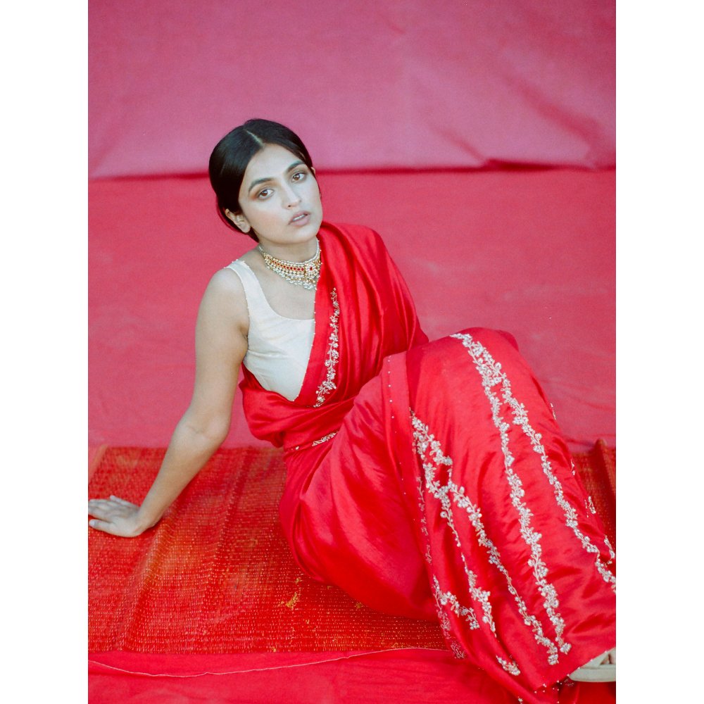 DEEPTHEE Red Hand Embellished Saree with Stitched Blouse
