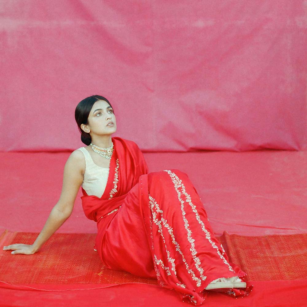 DEEPTHEE Red Hand Embellished Saree with Stitched Blouse