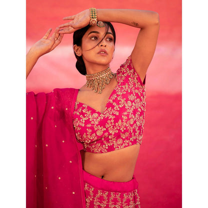DEEPTHEE Pink Hand Embroidered Kalli Lehenga with Blouse & Dupatta (Set of 3)