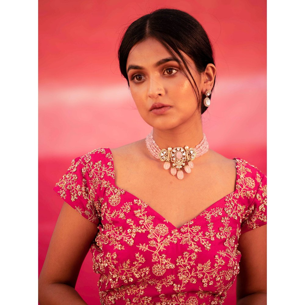 DEEPTHEE Pink Hand Embroidered Kalli Lehenga with Blouse & Dupatta (Set of 3)