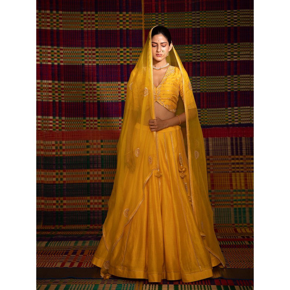 DEEPTHEE Haldi Hand Embellished Kalli Yellow Lehenga with Blouse & Dupatta (Set of 3)