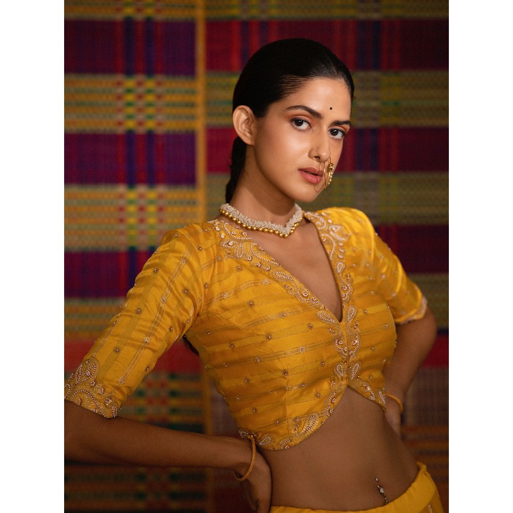 DEEPTHEE Haldi Hand Embellished Kalli Yellow Lehenga with Blouse & Dupatta (Set of 3)