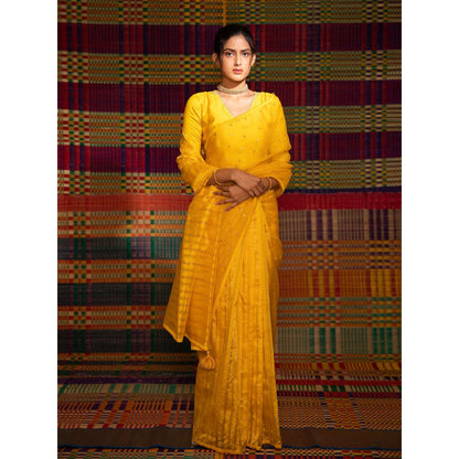 DEEPTHEE Haldi Held Striped Hand Embellished Saree with Stitched Blouse