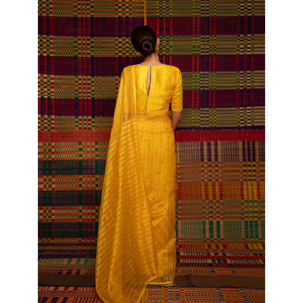 DEEPTHEE Haldi Held Striped Hand Embellished Saree with Stitched Blouse