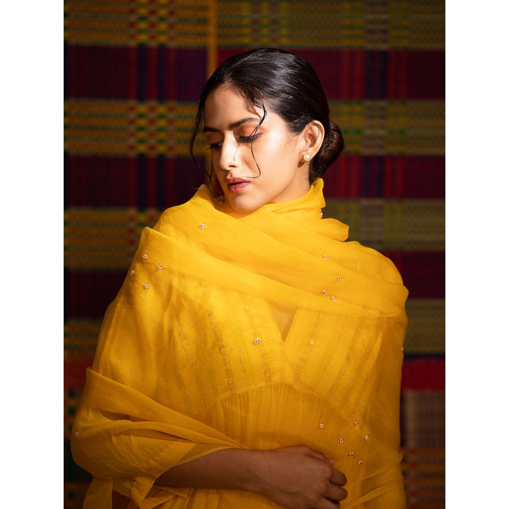 DEEPTHEE Haldi Hand Embellished Gathered Yellow Kurta & Pant with Dupatta And Slip (Set of 4)