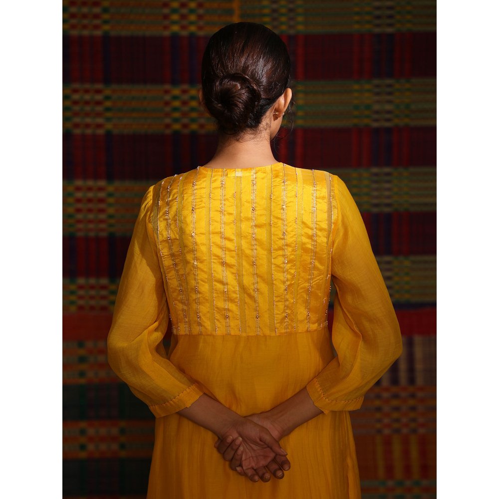 DEEPTHEE Haldi Hand Embellished Gathered Yellow Kurta & Pant with Dupatta And Slip (Set of 4)