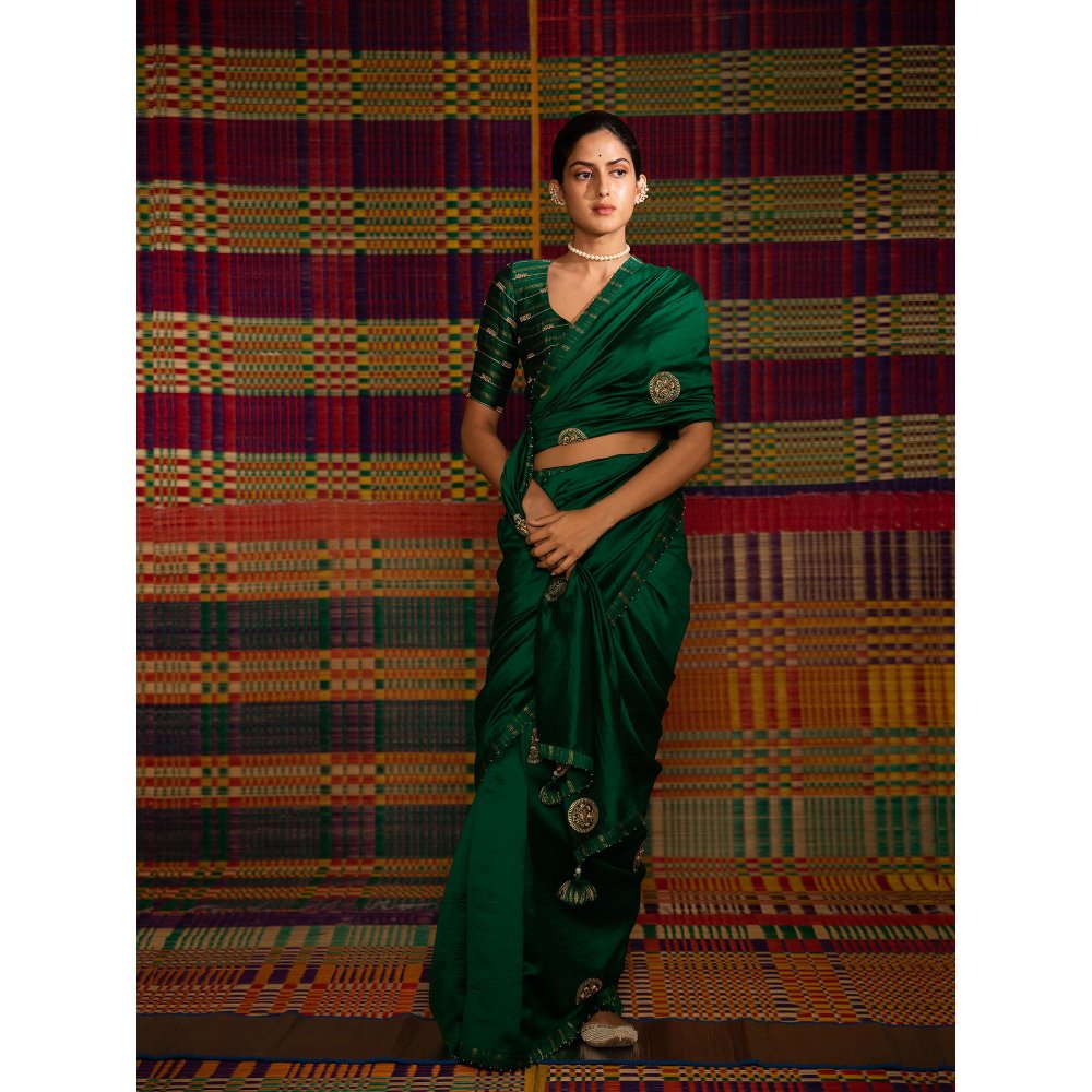 DEEPTHEE Haritah Green Mandala Hand Embellished Silk Saree with Stitched Blouse