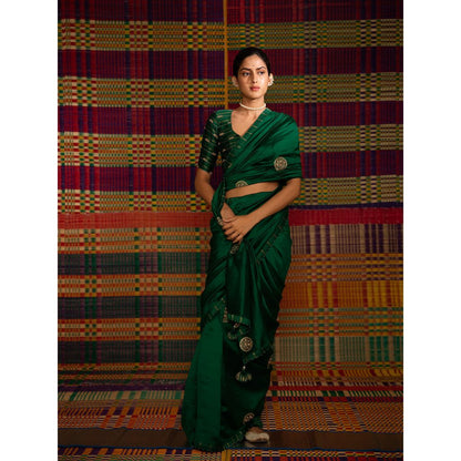 DEEPTHEE Haritah Green Mandala Hand Embellished Silk Saree with Stitched Blouse
